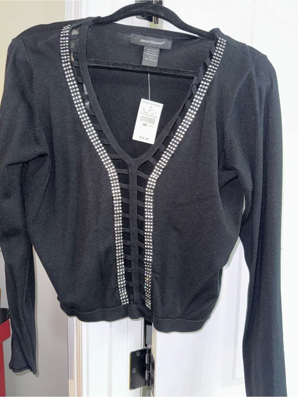 Ashley Stewart Black V-Neck Top with Rhinestone Trim